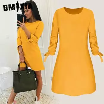 GMXIA Женская мода весна осень однотонный принт длинный рукав О-образный вырез повседневные платья S жёлтый