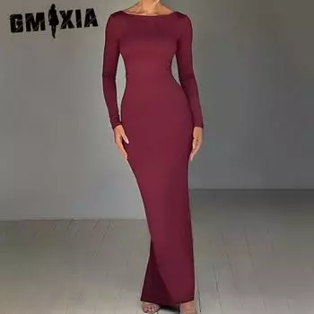 GMXIA Женская мода весна осень однотонный принт длинный рукав О-образный вырез повседневные платья S чёрный