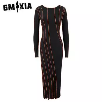 GMXIA Женская мода весна осень однотонный принт с круглым вырезом и длинным рукавом повседневные платья S