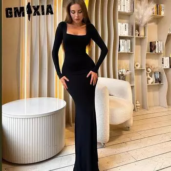 GMXIA Женская мода весна осень однотонный принт квадратный воротник длинный рукав повседневные платья S чёрный