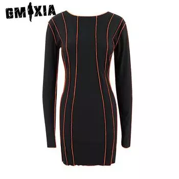 GMXIA Женская мода весна осень однотонный принт с круглым вырезом и длинным рукавом повседневные платья S