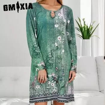 GMXIA Женская мода весна осень однотонный принт длинный рукав О-образный вырез повседневные платья S