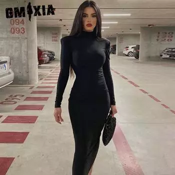 GMXIA Женская мода весна осень однотонный принт с высоким воротом и длинным рукавом повседневные платья S чёрный