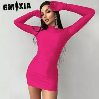 GMXIA Женская мода весна осень однотонный принт с круглым вырезом и длинным рукавом повседневные платья S чёрный