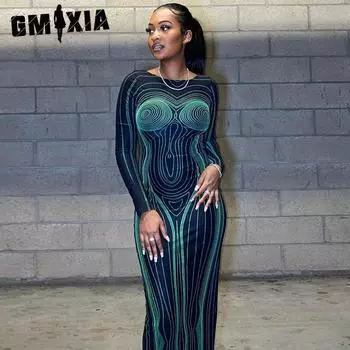 GMXIA Женская мода весна осень однотонный принт с круглым вырезом и длинным рукавом повседневные платья S зелёный