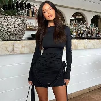 GMXIA Женская мода весна осень однотонный принт длинный рукав О-образный вырез повседневные платья S чёрный