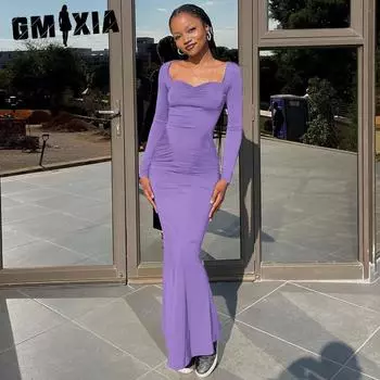 GMXIA Женская мода весна осень однотонный принт длинный рукав квадратный воротник повседневные платья S чёрный