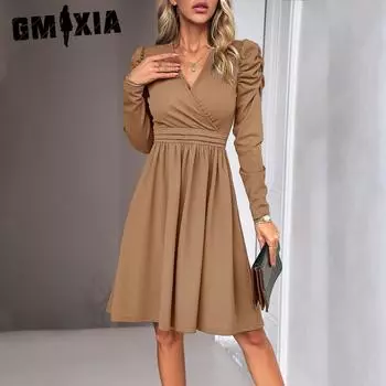 GMXIA Женская мода весна-осень однотонный принт длинный рукав V-образный вырез высокая талия повседневные платья S морской синий