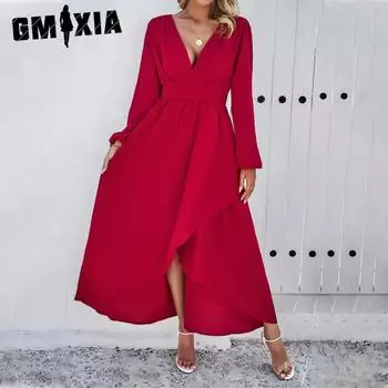 GMXIA Женская мода весна-осень однотонный принт длинный рукав V-образный вырез высокая талия повседневные платья S тёмно-синий