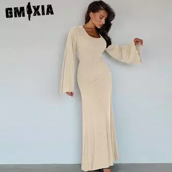 GMXIA Женская мода весна осень однотонный принт длинный рукав U-образный вырез высокая талия повседневные платья S розовый