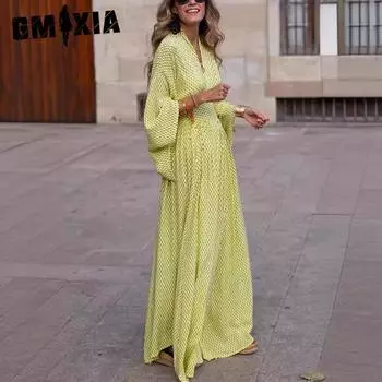 GMXIA Женская мода весна-осень однотонный принт длинный рукав V-образный вырез высокая талия повседневные платья S жёлтый