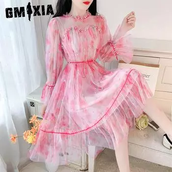 GMXIA Женская мода весна-осень однотонный принт длинный рукав О-образный вырез высокая талия повседневные платья S розовый