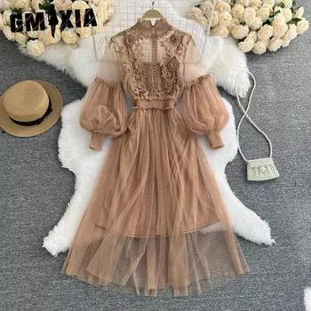 GMXIA Женская мода весна-осень однотонный принт полуводолазка длинный рукав высокая талия повседневные платья Uniform size хаки