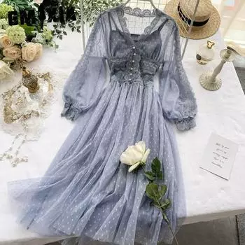 GMXIA Женская мода весна-осень однотонный принт длинный рукав V-образный вырез высокая талия повседневные платья M сине серый