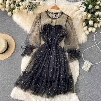 GMXIA Женская мода весна-осень однотонный принт длинный рукав О-образный вырез высокая талия повседневные платья Uniform size светло-синий