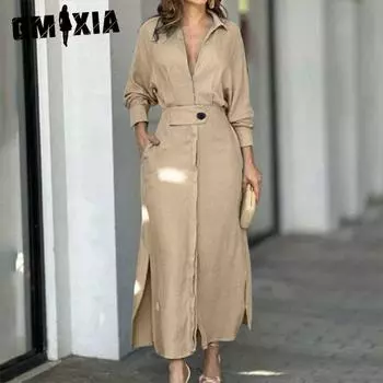 GMXIA Женская мода весна осень однотонный принт длинный рукав поло воротник высокая талия повседневные платья S небесно-голубой