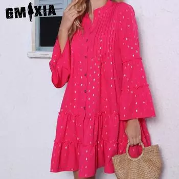 GMXIA Женская мода весна-осень однотонный принт длинный рукав V-образный вырез высокая талия повседневные платья S розы красного