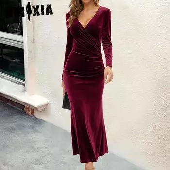 GMXIA Женская мода весна-осень однотонный принт длинный рукав V-образный вырез высокая талия повседневные платья S чёрный