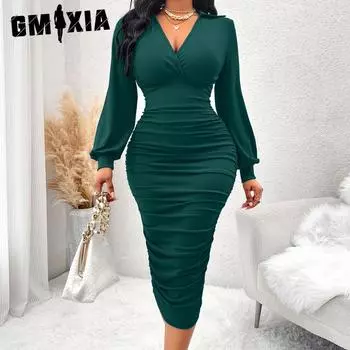 GMXIA Женская мода весна-осень однотонный принт длинный рукав V-образный вырез высокая талия повседневные платья S темно-зеленого