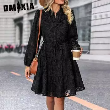 GMXIA Женская мода весна-осень однотонный принт длинный рукав V-образный вырез высокая талия повседневные платья S чёрный
