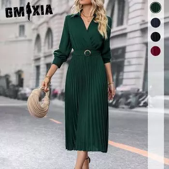 GMXIA Женская мода весна-осень однотонный принт длинный рукав V-образный вырез высокая талия повседневные платья S темно-зеленого