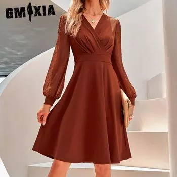 GMXIA Женская мода весна-осень однотонный принт длинный рукав V-образный вырез высокая талия повседневные платья S чёрный