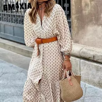 GMXIA Женская мода весна-осень однотонный принт длинный рукав V-образный вырез высокая талия повседневные платья S хаки