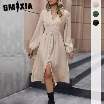 GMXIA Женская мода весна-осень однотонный принт длинный рукав V-образный вырез высокая талия повседневные платья S абрикосовый