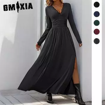 GMXIA Женская мода весна-осень однотонный принт длинный рукав V-образный вырез высокая талия повседневные платья S темно-серого