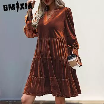 GMXIA Женская мода весна-осень однотонный принт длинный рукав V-образный вырез высокая талия повседневные платья S темно-зеленого