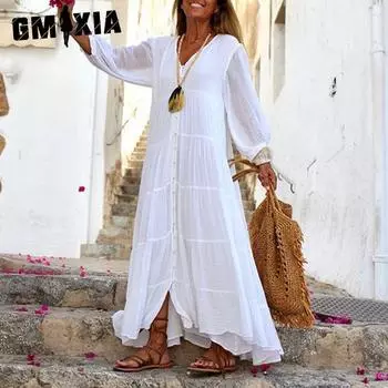 GMXIA Женская мода весна-осень однотонный принт длинный рукав V-образный вырез высокая талия повседневные платья S белый