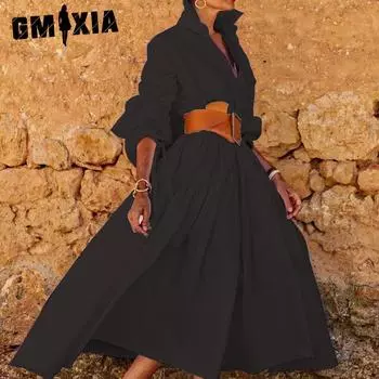 GMXIA Женская мода весна осень однотонный принт длинный рукав поло воротник высокая талия повседневные платья S белый