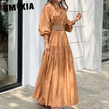 GMXIA Женская мода весна-осень однотонный принт длинный рукав V-образный вырез высокая талия повседневные платья S хаки