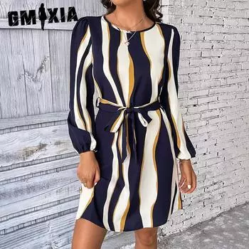 GMXIA Женская мода весна осень полосатый принт длинный рукав О-образный вырез высокая талия повседневные платья S разноцветный