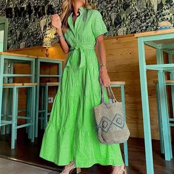 GMXIA Женская мода весна осень полосатый принт короткий рукав поло воротник высокая талия повседневные платья S фиолетовый