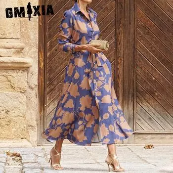 GMXIA Женская мода весна осень принт длинный рукав поло воротник высокая талия повседневные платья S фиолетовый