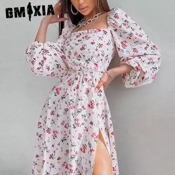 GMXIA Женская мода весна-осень с длинным рукавом квадратный воротник цветочный принт высокая талия повседневные платья S розовый
