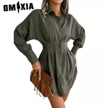 GMXIA женская мода весна-осень с длинными рукавами тонкие лацканы однотонные подтяжки с принтом Высокая талия коктейльные и вечерние платья S синий