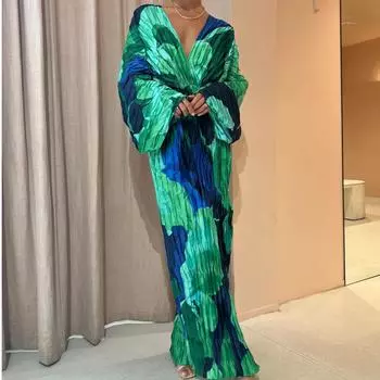 GMXIA Женская мода весна-осень с принтом, длинным рукавом, V-образным вырезом, высокой талией, повседневные платья S зелёный