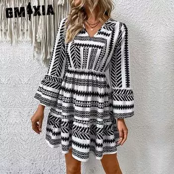 GMXIA Женская мода весна-осень с принтом, длинным рукавом, V-образным вырезом, высокой талией, повседневные платья S