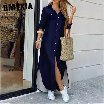 GMXIA Женская модаВесенняя осень Однотонные повседневные платья с длинными рукавами и воротником-поло с принтом