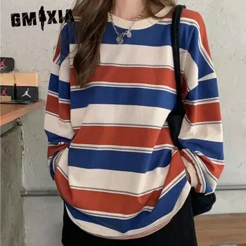 GMXIA Женская модная повседневная футболка с длинным рукавом и круглым вырезом и топ S серый/синий