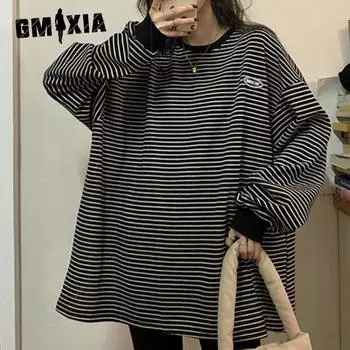 GMXIA Женская модная повседневная футболка с длинным рукавом и круглым вырезом и топ M чёрный