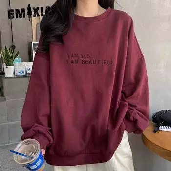 GMXIA Женская модная повседневная футболка с длинным рукавом и круглым вырезом и топ M чёрный