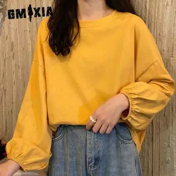 GMXIA Женская модная повседневная футболка с длинным рукавом и круглым вырезом и топ M чёрный