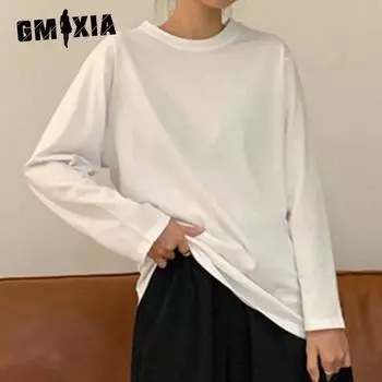 GMXIA Женская модная повседневная футболка с длинным рукавом и круглым вырезом и топ M чёрный