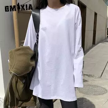 GMXIA Женская модная повседневная футболка с длинным рукавом и круглым вырезом и топ M чёрный