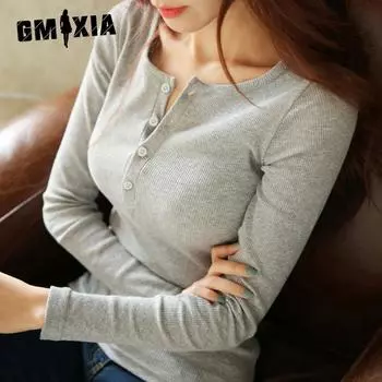 GMXIA Женская модная повседневная футболка с длинным рукавом и круглым вырезом и топ M чёрный