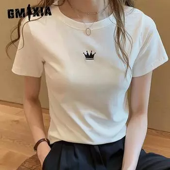 GMXIA Женская модная повседневная футболка с коротким рукавом и круглым вырезом и топ M чёрный