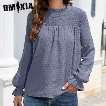 GMXIA женская модная повседневная летняя однотонная шифоновая рубашка с длинным рукавом и круглым вырезом, свободные блузки и рубашки с воланами S абрикосовый